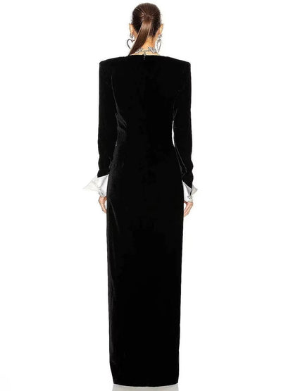 Natasha Deep V Long Sleeve Maxi Dress In Black