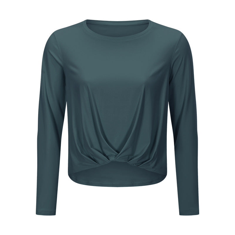 Sanding Nude Yoga Long Sleeve Fashion Versatile Front Hem Pleated Loose Yoga Suit