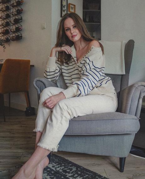 Black And White Striped T-Shirt Button Round Neck Bubble Sleeve Top Women'S Loose Long Sleeve Sweater