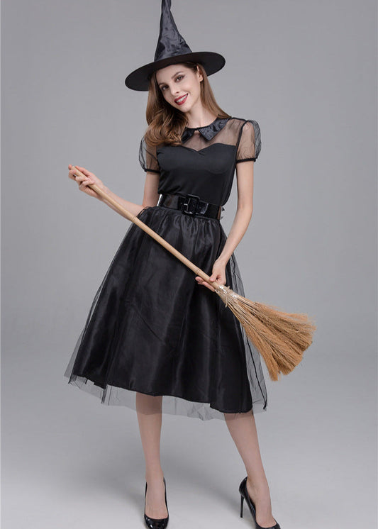 Women Black Polyester Witch Costume Dress Set