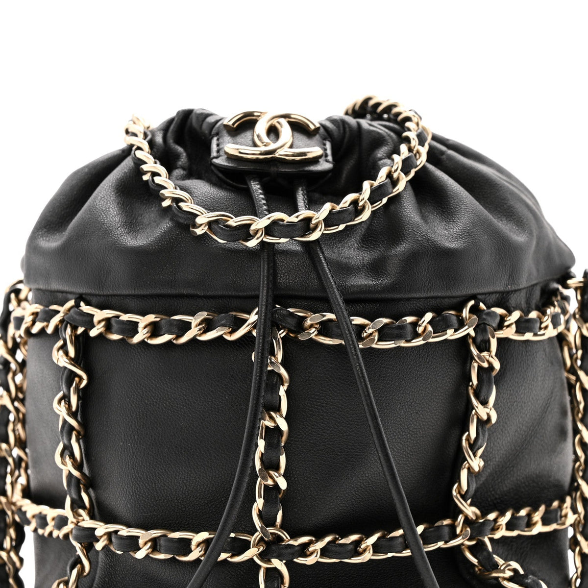 Lambskin Bucket Chain Drawstring Bag Black