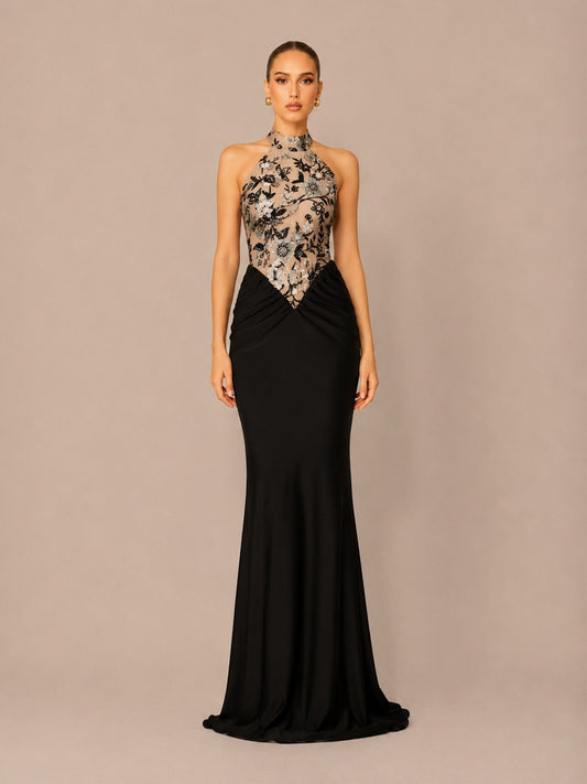 Celestia Embroidered Sequin Floral Halter Maxi Dress