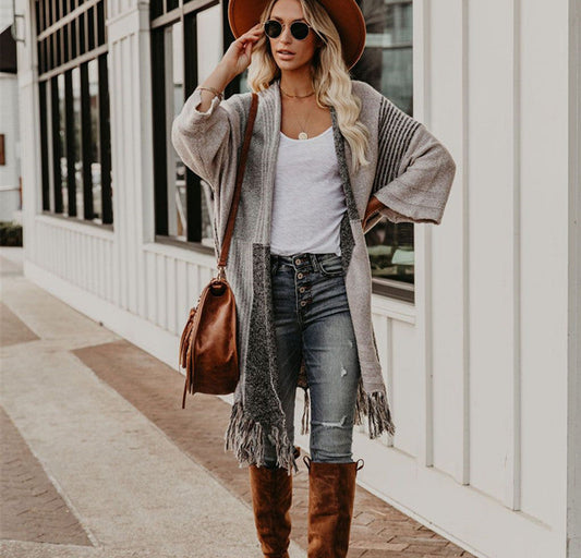 Women'S Sweater Fringed Knitted Sweater Batch Shoulder Coat Women