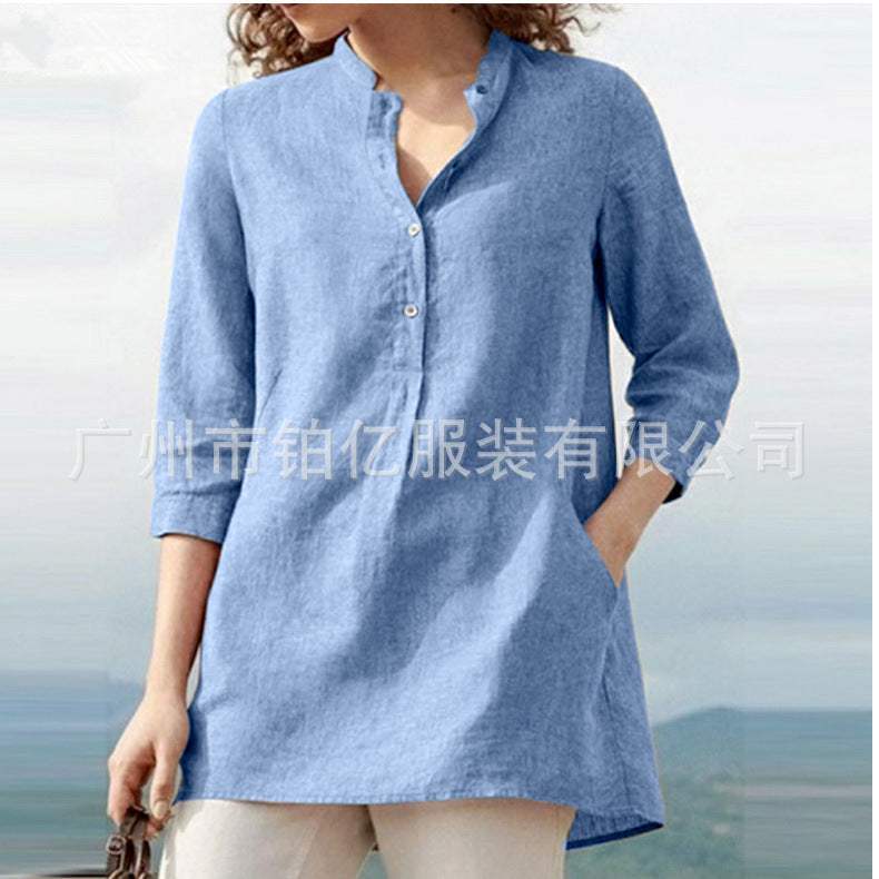 Women'S Wear Solid Color Seven Point Sleeve Stand Collar Cotton Hemp Casual Pullover Shirt