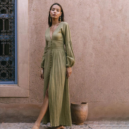 New French Retro V-Neck Long Skirt Waist Pleated Loose Temperament Long-Sleeved Autumn Dress