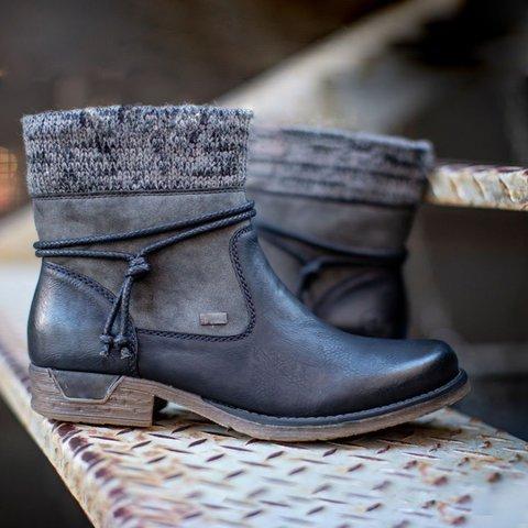 Round Toe Women'S Leather Boots With Side Zipper, Thick Heel, Warm Martin Boots, Low-Heeled Plus Size Women'S Boots