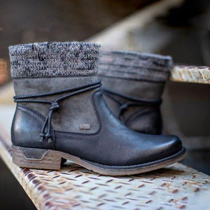 Round Toe Women'S Leather Boots With Side Zipper, Thick Heel, Warm Martin Boots, Low-Heeled Plus Size Women'S Boots
