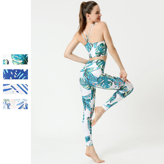 2 Pcs Suit Yoga Suit Women'S Print Yoga Tights Back Sports Bra Fitness Suit