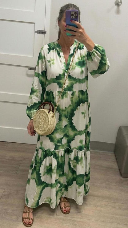 Green Long Sleeve V-Neck Maxi Dress