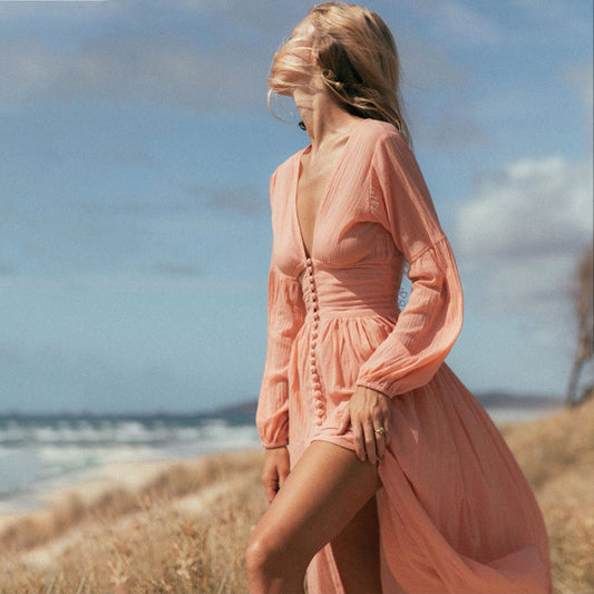 New French Retro V-Neck Long Skirt Waist Pleated Loose Temperament Long-Sleeved Autumn Dress