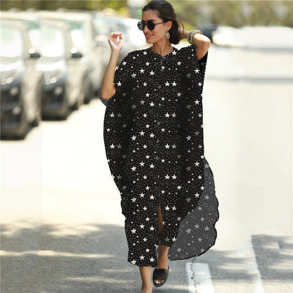 Four-Sided Elastic-Printed Beach Blouse Loose Pocket Single-Breasted Vacation Dress