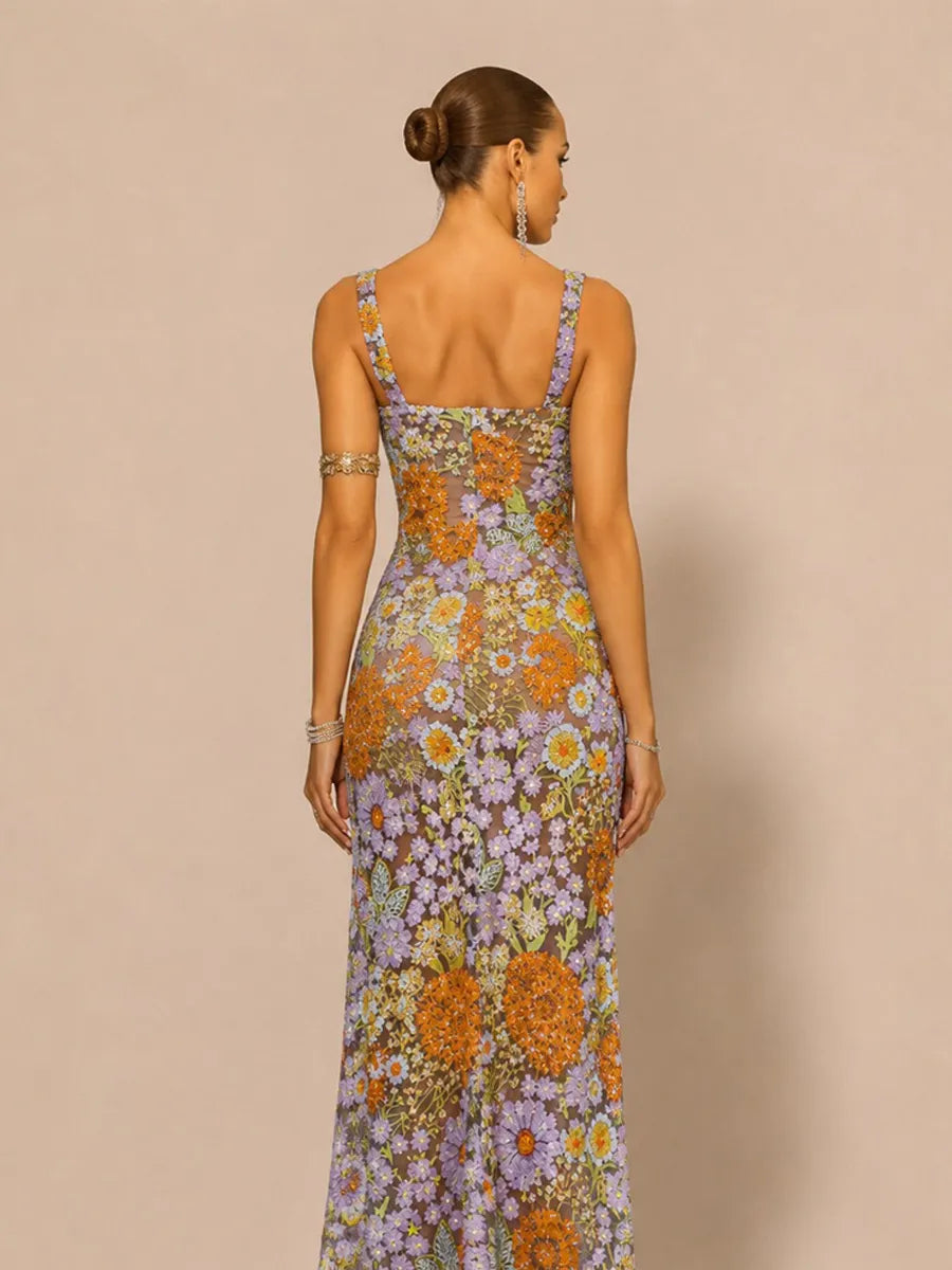 Aria Romantic Embellished Sequin Floral High Slit Maxi Dress