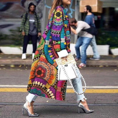 Long-Sleeved Printed Double-Row Button-Down Jacket With Long-Sleeved Cashew Blossom Windshield