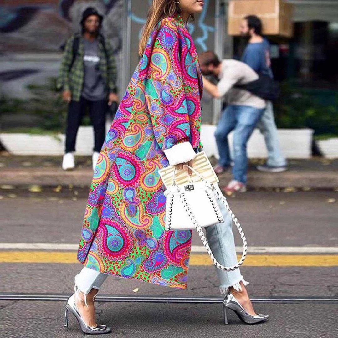 Long-Sleeved Printed Double-Row Button-Down Jacket With Long-Sleeved Cashew Blossom Windshield