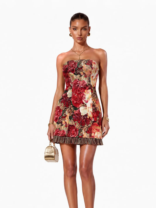Nayeli Vintage Contour Strapless Floral Tapestry Tassel Mini Dress