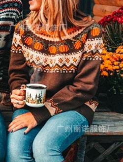 Printed Euro American Tight Knit Holiday Pullover Brown Crew Neck Knitted Sweater