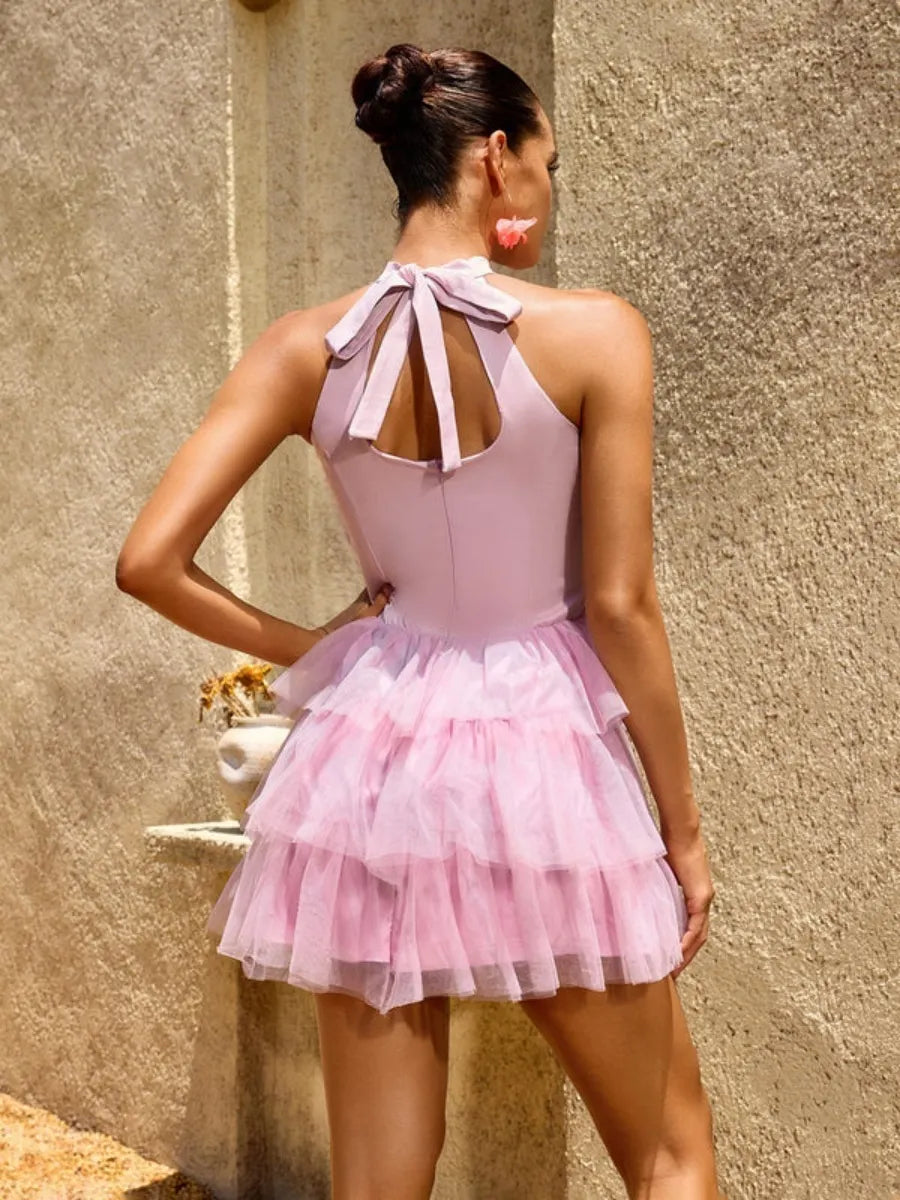 Ariana 3D Floral Halter Tiered Tulle Mini Dress