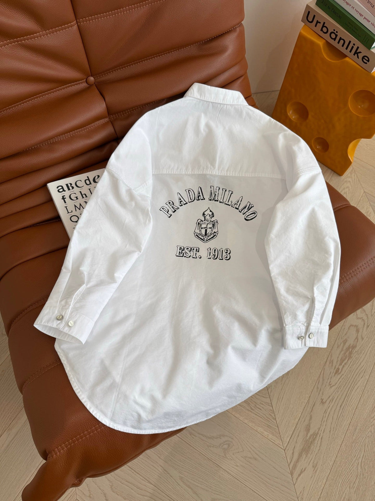 Prada 25 Long Sleeve Shirt With Triangle Logo White Cotton