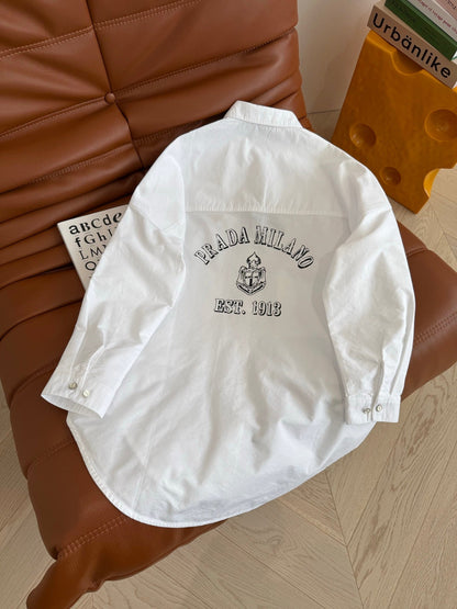 Prada 25 Long Sleeve Shirt With Triangle Logo White Cotton