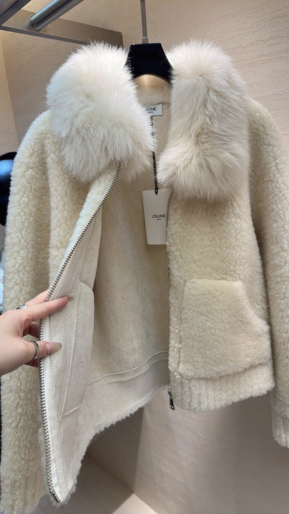 CELINE Shearling White Coat 333253