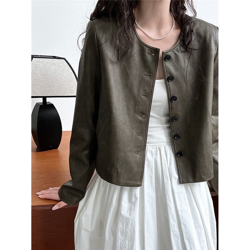 Retro Crewneck Long Sleeve Single Breasted Short PU Leather Jackets