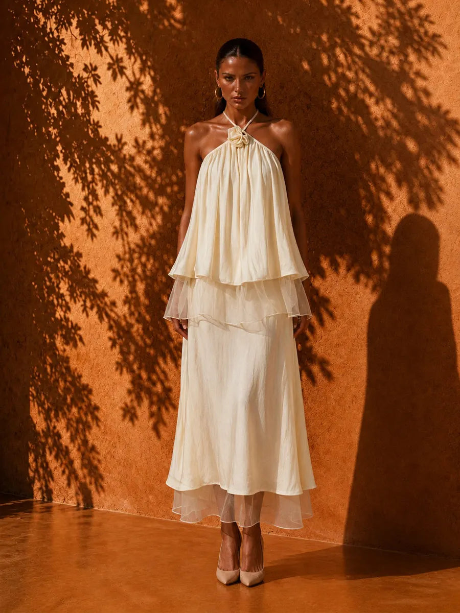 Elina Elegant Floral Lace-Trim Midi Dress