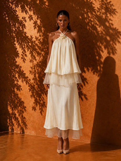 Elina Elegant Floral Lace-Trim Midi Dress
