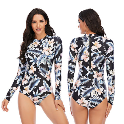 One-Piece Long-Sleeved Surf Suit Sunscreen Women'S Swimsuit Hot Spring Diving Suit Sexy Swimsuit Ani Flower