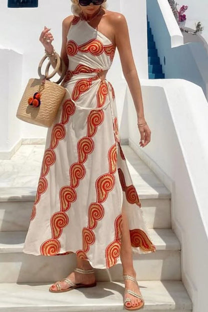 Enjoy A Sunny Linen Blend Shell Print One Shoulder Cutout Waist Tie-up Slit Maxi Dress