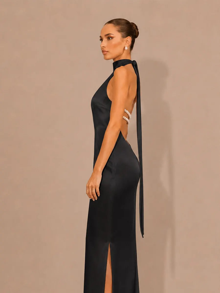 Selene Halter-Neck Beaded-Back Maxi Dress
