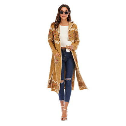 Bohemian National Style Cardigan Sweater Color Knit Flower Knit Sweater New Sweater Long Coat