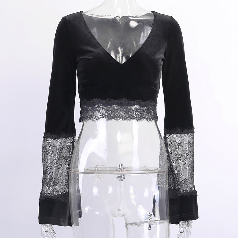 Sexy Lace-Accent Square Neck Short Sleeve Top