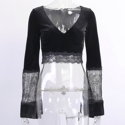 Sexy Lace-Accent Square Neck Short Sleeve Top