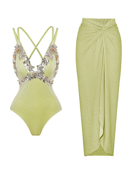 Avalynn Shimmering Fabric Floral Swimsuit Set