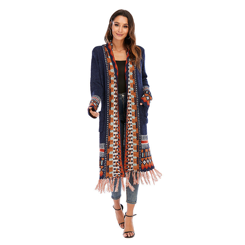 Ethnic Style Cardigan Sweater Women Retro Fringed Blouse Bohemian Style Knitted Sweater Cardigan Jacket