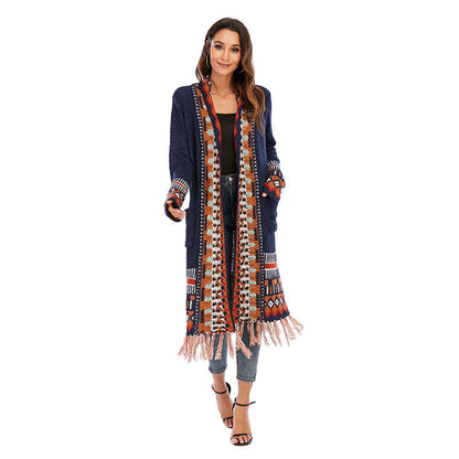 Ethnic Style Cardigan Sweater Women Retro Fringed Blouse Bohemian Style Knitted Sweater Cardigan Jacket