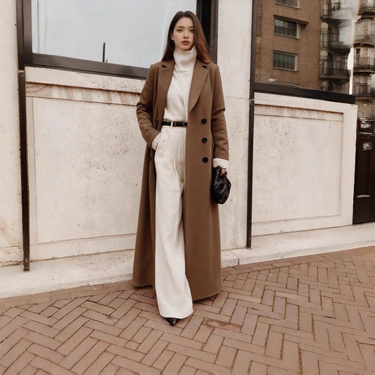 2025 Winter Women Long Wool Coat Polyester Warm Solid