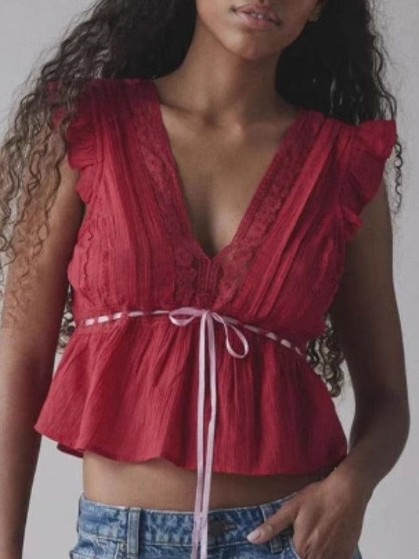 Simple V-Neck Lace Tie Waist Top
