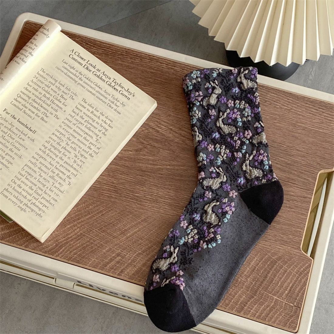 Rufia - Vintage Style Embossed Little Bunny Pattern Mid-Calf Socks