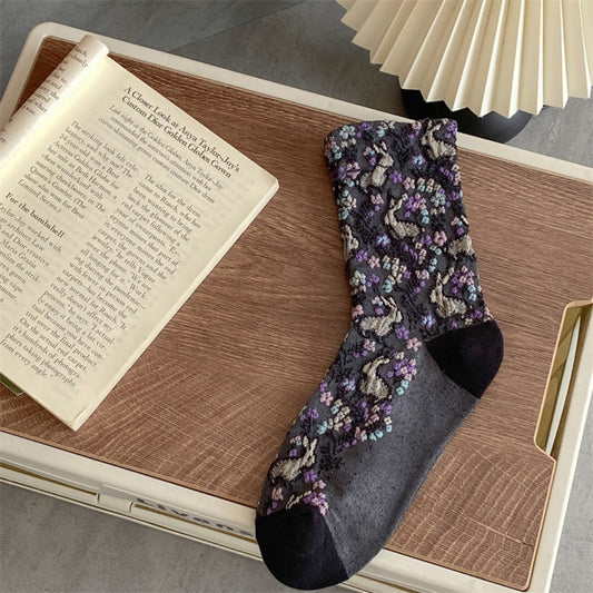 Rufia - Vintage Style Embossed Little Bunny Pattern Mid-Calf Socks