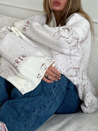 Long Sleeves Loose Hollow Knitted Letters Round-Neck Knitwear Pullovers Sweater Tops