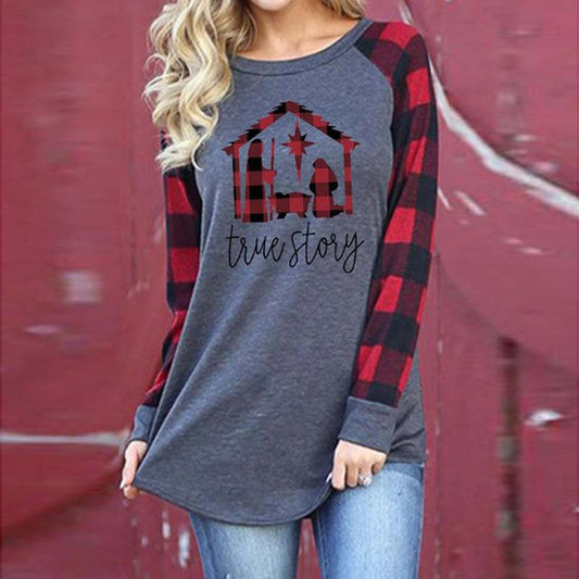 Women'S Plaid Stitching Letter Printing Long-Sleeved Casual Sweater T-Shirt