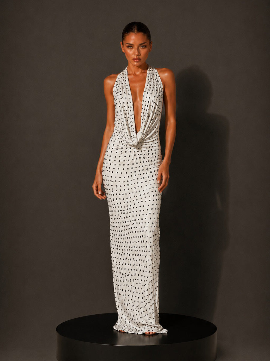 Harper Beaded Halter Backless Maxi Dress