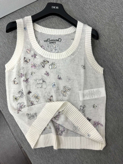 CD Butterfly Embroidered Vest White Alpaca Wool Cashmere 345333