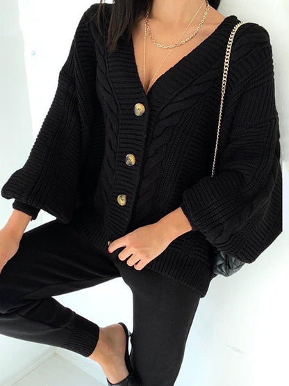Fashion V-Neck Loose Buttoned Top&Pants Solid Color Knitting Suit
