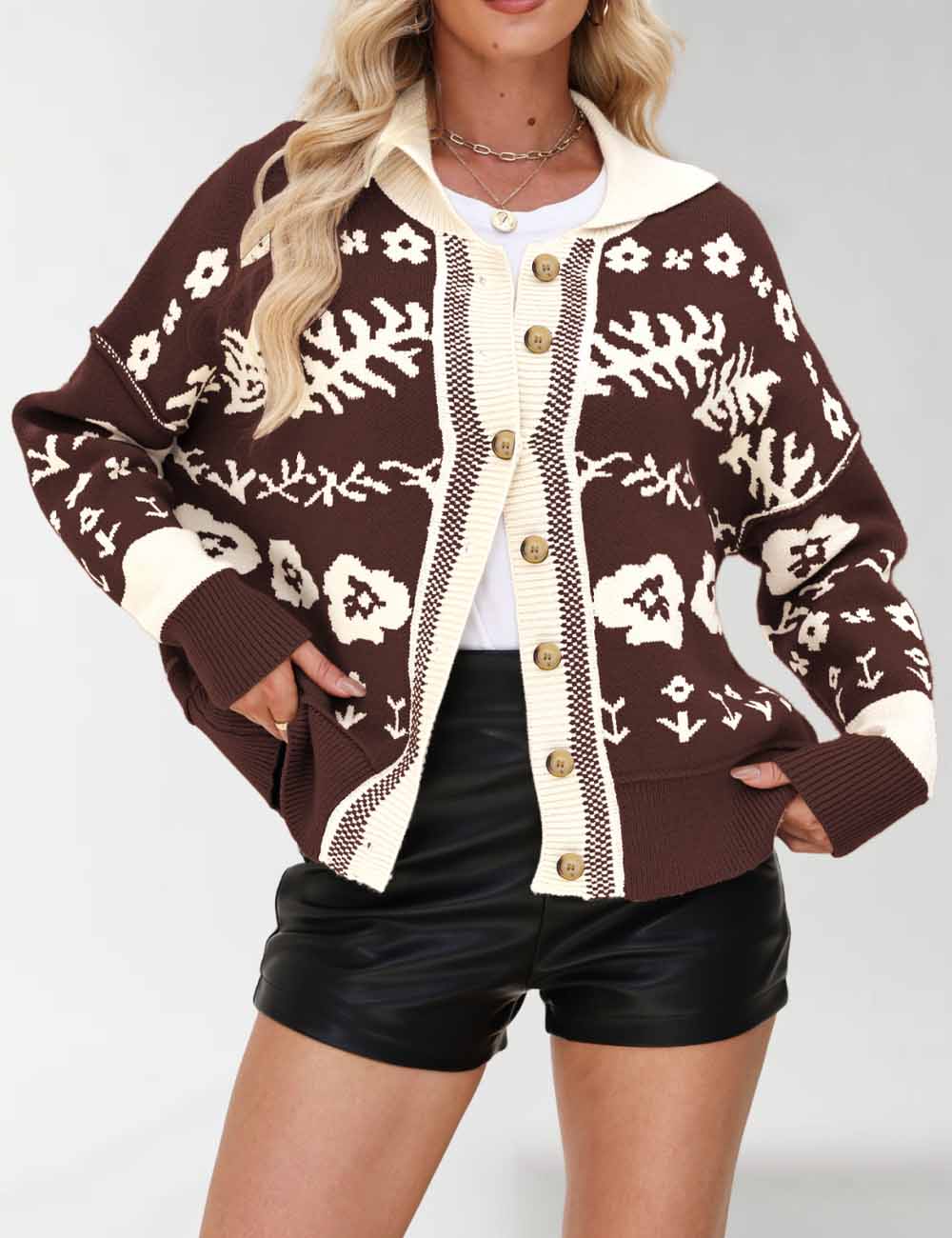 Vintage Floral Print Loose Knit Cardigan