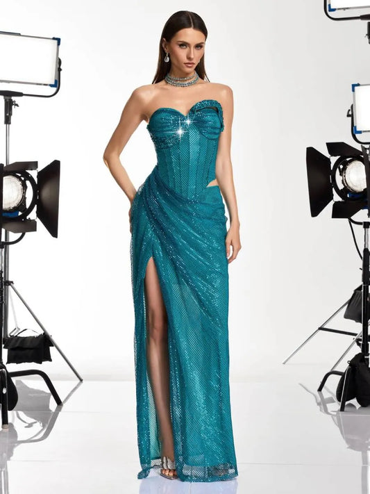 Hazel Strapless Rhinestone Mesh Maxi Dress