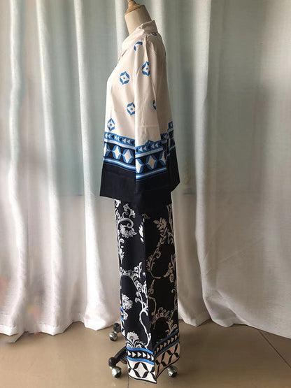 Loose Buttoned Long Sleeves Lapel Blouses & Printed Casual Pants Suits