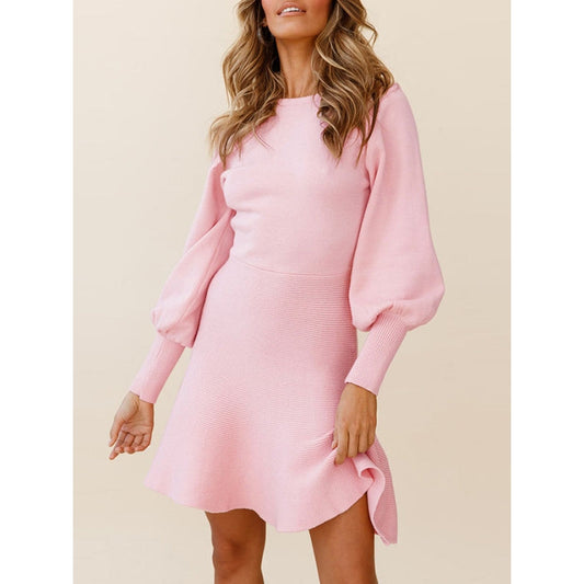 Puff Sleeves Wrap Solid Color Round-Neck Mini Dresses