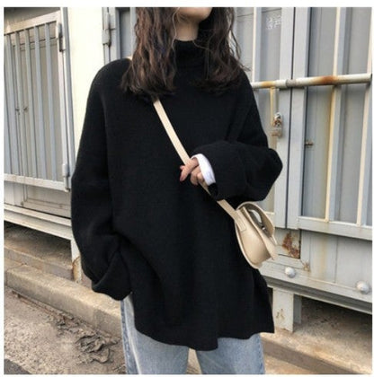 Black Turtleneck Sweater Women Fall/Winter Loose Pullover All-Match Solid Color Thick Outer Wear Sweater